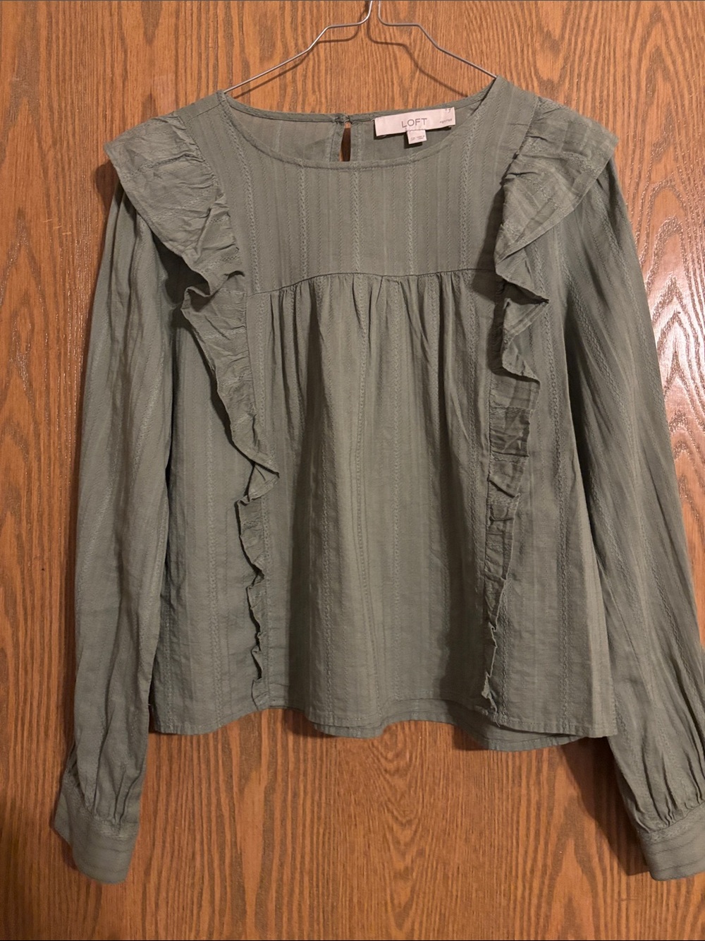 LOFT Sage Green Ruffle-Trim Long Sleeve Blouse